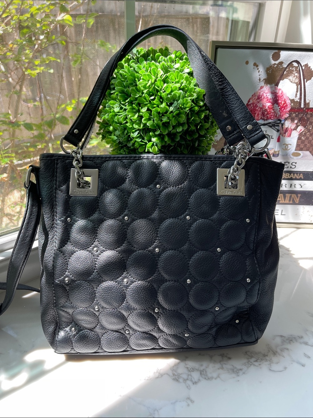 Calvin Klein Black Quilted Leather Shoulder Bag with Stud Accents